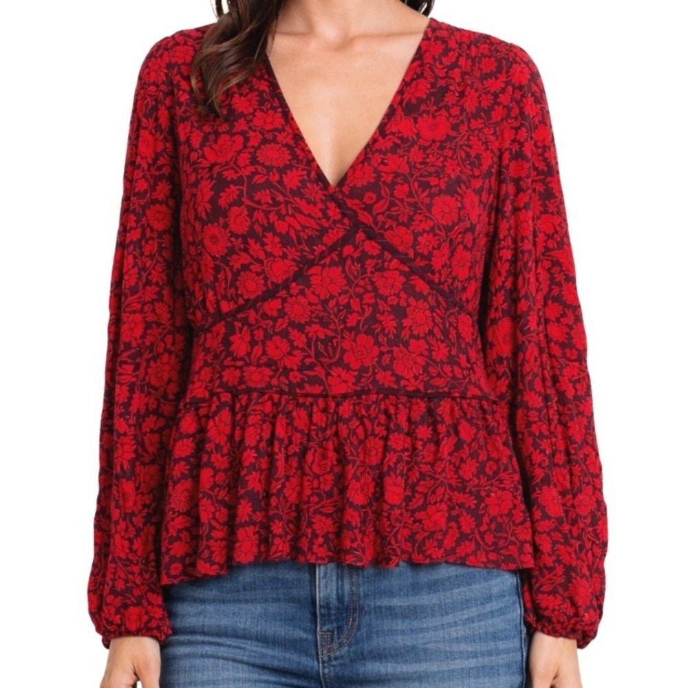 Knox Rose NWT Red Floral Metallic Pinstripe Peplum Blouse V-Neck Long Sleeve XXL